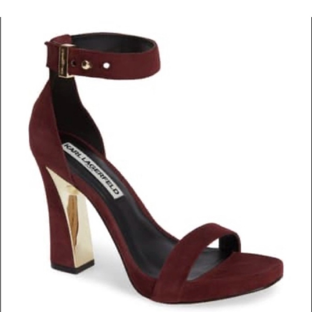 Karl Lagerfeld Paris Heels Women Sz 7.5 Carah Burgandy Suede Block Heels Leather